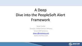 A Deep
Dive into the PeopleSoft Alert
Framework
Steve Canter
Director, Global Service Delivery
Smart ERP Solutions
steve.c@smarterp.com
www.smarterp.com
 