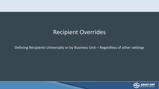 Recipient Overrides
Defining Recipients Universally or by Business Unit – Regardless of other settings
 