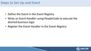 Steps to Set Up and Event
• Define the Event in the Event Registry
• Write an Event Handler using PeopleCode to execute the
desired business logic
• Register the Event Handler in the Event Registry
 