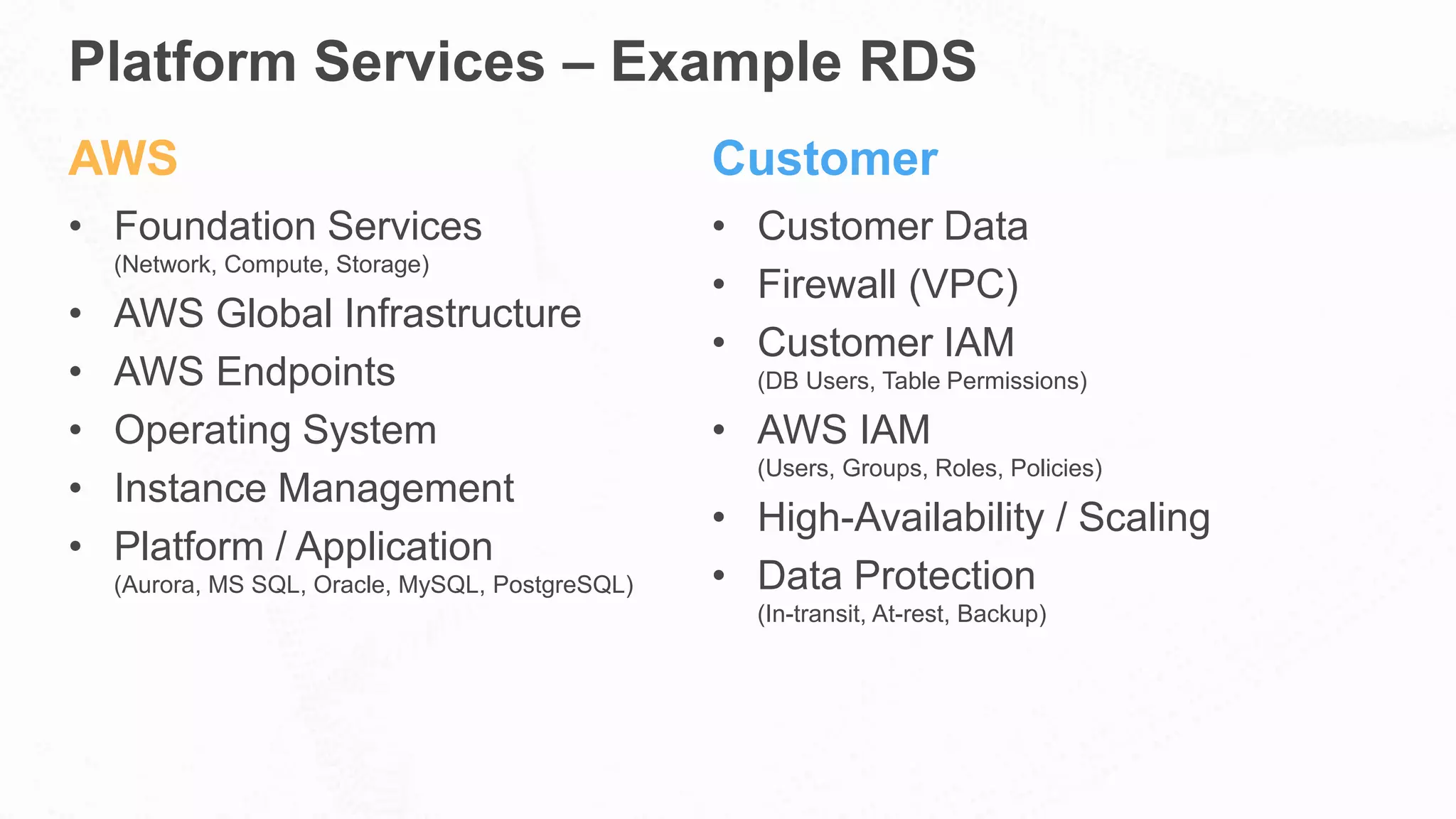 AWS
• Foundation Services
(Network, Compute, Storage)
• AWS Global Infrastructure
• AWS Endpoints
• Operating System
• Instance Management
• Platform / Application
(Aurora, MS SQL, Oracle, MySQL, PostgreSQL)
Platform Services – Example RDS
Customer
• Customer Data
• Firewall (VPC)
• Customer IAM
(DB Users, Table Permissions)
• AWS IAM
(Users, Groups, Roles, Policies)
• High-Availability / Scaling
• Data Protection
(In-transit, At-rest, Backup)
 