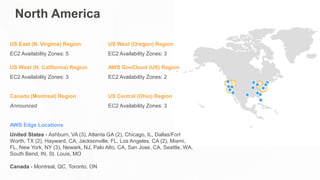 North America
US East (N. Virginia) Region US West (Oregon) Region
EC2 Availability Zones: 5 EC2 Availability Zones: 3
US West (N. California) Region AWS GovCloud (US) Region
EC2 Availability Zones: 3 EC2 Availability Zones: 2
Canada (Montreal) Region US Central (Ohio) Region
Announced EC2 Availability Zones: 3
AWS Edge Locations
United States - Ashburn, VA (3), Atlanta GA (2), Chicago, IL, Dallas/Fort
Worth, TX (2), Hayward, CA, Jacksonville, FL, Los Angeles, CA (2), Miami,
FL, New York, NY (3), Newark, NJ, Palo Alto, CA, San Jose, CA, Seattle, WA,
South Bend, IN, St. Louis, MO
Canada - Montreal, QC, Toronto, ON
 