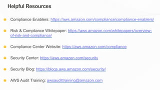 Helpful Resources
Compliance Enablers: https://aws.amazon.com/compliance/compliance-enablers/
Risk & Compliance Whitepaper: https://aws.amazon.com/whitepapers/overview-
of-risk-and-compliance/
Compliance Center Website: https://aws.amazon.com/compliance
Security Center: https://aws.amazon.com/security
Security Blog: https://blogs.aws.amazon.com/security/
AWS Audit Training: awsaudittraining@amazon.com
 
