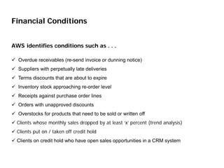 Financial Conditions


AWS identifies conditions such as . . .

 Overdue receivables (re-send invoice or dunning notice)
 Suppliers with perpetually late deliveries
 Terms discounts that are about to expire
 Inventory stock approaching re-order level
 Receipts against purchase order lines
 Orders with unapproved discounts
 Overstocks for products that need to be sold or written off
 Clients whose monthly sales dropped by at least ‘x’ percent (trend analysis)
 Clients put on / taken off credit hold
 Clients on credit hold who have open sales opportunities in a CRM system
 