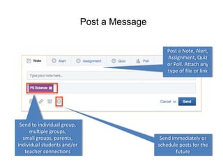 Post a Message 
Post a Note, Alert, 
Assignment, Quiz 
or Poll. Attach any 
type of file or link 
Send to individual group, 
multiple groups, 
small groups, parents, 
individual students and/or 
teacher connections 
Send immediately or 
schedule posts for the 
future 
 