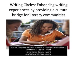 Writing Circles: Enhancing writing 
experiences by providing a cultural 
bridge for literacy communities 
Sherron Killingsworth Roberts, Professor of Language Arts and LIteracy 
Nandita Gurjar, Doctoral Student 
Norine Blanch, Doctoral Student 
UNIVERSITY OF CENTRAL FLORIDA 
 