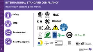 Safety
EMC
Environment
HAC
Country Approval
Help you gain access to global market
CA Prop 65
 