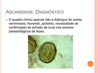 ASCARIDÍASE: DIAGNÓSTICO
   O quadro clínico apenas não a distingue de outras
    verminoses, havendo, portanto, necessidade de
    confirmação do achado de ovos nos exames
    parasitológicos de fezes.
 