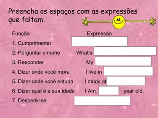 Preencha os espaços com as expressões
que faltam.
Função Expressão
1. Cumprimentar
2. Perguntar o nome What’s ?
3. Responder My
4. Dizer onde você mora I live in
5. Dizer onde você estuda I study at
6. Dizer qual é a sua idade I Am year old.
7. Despedir-se
 