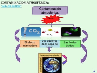 Contaminación atmosférica: “ Malos humos”  Contaminación atmosférica. Los agujeros de la capa de ozono Las lluvias ácidas  El efecto invernadero Comprometen   la supervivencia del  Causas:  