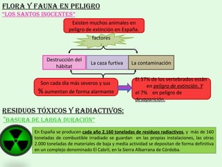 Residuos tóxicos y radiactivos: Flora y fauna en peligro “ Los santos inocentes” Existen muchos animales en peligro de extinción en España. Destrucción del hábitat factores: La caza furtiva  La contaminación Son cada día más severos y sus  %  aumentan de forma alarmante El 37% de los vertebrados están  en  peligro de extinción. Y  el 7%  en peligro de  desaparición. “ Basura de larga duración” En España se producen  cada año 2.160 toneladas de residuos radiactivos , y  más de 160 toneladas de combustible irradiado se guardan  en las propias instalaciones, las otras 2.000 toneladas de materiales de baja y media actividad se depositan de forma definitiva en un complejo denominado El Cabril, en la Sierra Albarrana de Córdoba. 