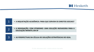 • A INQUIETAÇÃO ACADÊMICA: PARA QUE SERVEM OS DIREITOS SOCIAIS?1
• A INDIGNAÇÃO, COM OTIMISMO: UMA SOLUÇÃO INOVADORA PARA A
EDUCAÇÃO INFANTIL EM SP2
• AS PERSPECTIVAS DA CÉLULA DE SOLUÇÕES ESTRATÉGICAS DO GEAL3
© 2016 Alessandra Gotti – direitos autorais reservados
 