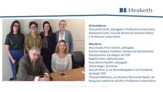 © 2016 Alessandra Gotti – direitos autorais reservados
Articuladoras:
Alessandra Gotti, Advogada e Professora universitária
Alexandra Fuchs, Juíza de Direito da Fazenda Pública
e Professora universitária
Membros:
Ana Cláudia Pires Teixeira, advogada
Carmen Giadans Corbillon, Diretora da Secretaria de
Planejamento Estratégico do TJSP
Rogério Góes, administrador
Rosa Maria Prandini, advogada
Sheila Magri, jornalista
Samuel Alves Jr, ex-Desembargador e ex-Presidente
da Seção TJSP
Thamara Medeiros, ex-Diretora Técnica do Depto. de
Pesquisas Judiciárias do CNJ e Professora universitária
 