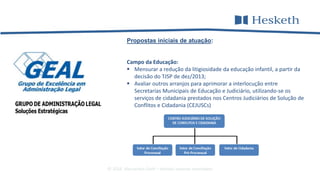 © 2016 Alessandra Gotti – direitos autorais reservados
Propostas iniciais de atuação:
Campo da Educação:
 Mensurar a redução da litigiosidade da educação infantil, a partir da
decisão do TJSP de dez/2013;
 Avaliar outros arranjos para aprimorar a interlocução entre
Secretarias Municipais de Educação e Judiciário, utilizando-se os
serviços de cidadania prestados nos Centros Judiciários de Solução de
Conflitos e Cidadania (CEJUSCs)
 
