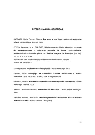 23
REFERÊNCIAS BIBLIOGRÁFICAS
BARBOSA, Maria Carmen Silveira. Por amor e por força: rotinas da educação
infantil. - Porto Alegre: Artmed, 2008.
COSTA, Jaqueline de M.; PINHEIRO, Nilcéia Aparecida Maciel. O ensino por meio
de temas-geradores: a educação pensada de forma contextualizada,
problematizada e interdisciplinar. In: Revista Imagens da Educação [on line].
2013, v.3, n. 2, p. 37-44.
http://eduem.uem.br/ojs/index.php/ImagensEduc/article/view/20265/pdf.
Acesso em 23/06/2014.
Escola parceira. Projeto Político Pedagógico – Novo Hamburgo, 2012.
FREIRE, Paulo. Pedagogia da Autonomia: saberes necessários à prática
educativa. – São Paulo: Paz e Terra, 1996 (Coleção Leitura)
GADOTTI, Moacir. Boniteza de um sonho: ensinar-e-aprender com sentido. - Novo
Hamburgo: Feevale, 2003.
RANGEL, Annamaria Píffero. Alfabetizar aos seis anos. - Porto Alegre: Mediação,
2008.
VASCONCELLOS, Celso dos S. Metodologia Dialética em Sala de Aula. In: Revista
de Educação AEC. Brasília: abril de 1992 (n.83).
 