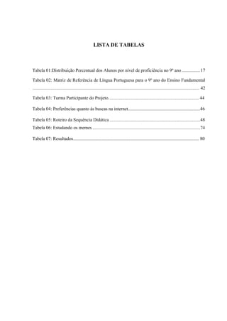 LISTA DE TABELAS
Tabela 01:Distribuição Percentual dos Alunos por nível de proficiência no 9º ano ................17
Tabela 02: Matriz de Referência de Língua Portuguesa para o 9º ano do Ensino Fundamental
.................................................................................................................................................. 42
Tabela 03: Turma Participante do Projeto............................................................................... 44
Tabela 04: Preferências quanto às buscas na internet...............................................................46
Tabela 05: Roteiro da Sequência Didática ...............................................................................48
Tabela 06: Estudando os memes ..............................................................................................74
Tabela 07: Resultados.............................................................................................................. 80
 