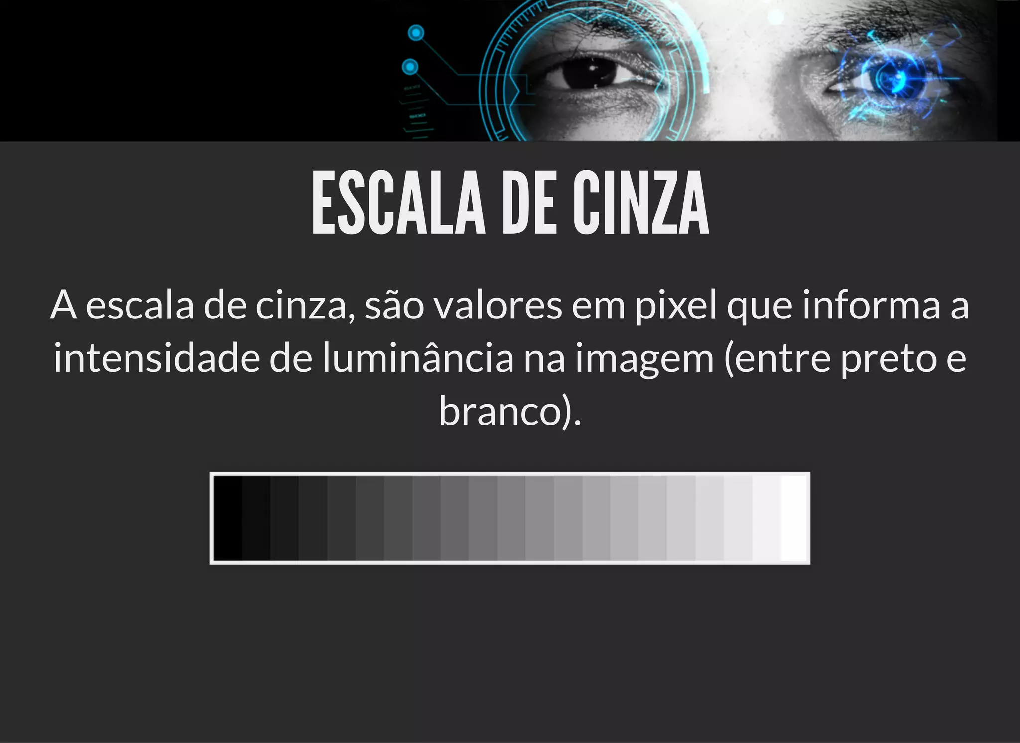 5/3/2019 OpenCV : Sem Mistério
https://palestras.assuntonerd.com.br/opencv2019.html?print-pdf#/ 18/48
ESCALA DE CINZAESCALA DE CINZA
A escala de cinza, são valores em pixel que informa a
intensidade de luminância na imagem (entre preto e
branco).
 
