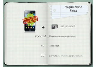 AcquisizioneAcquisizioneAcquisizioneAcquisizione
FisicaFisicaFisicaFisica
mount
Diritti Root
dd if=partizione of=/mnt/sdcard/nomefile.imgdd
su
Rilevazione numero partizioni
+ NB - VUOTA!!!
 