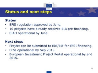 22
Status and next steps
Status
• EFSI regulation approved by June.
• 10 projects have already received EIB pre-financing.
• EIAH operational by June.
Next steps
• Project can be submitted to EIB/EIF for EFSI financing.
• EFSI operational by Sep 2015.
• European Investment Project Portal operational by end
2015.
 