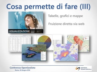 Conferenza OpenGeoData
Roma, 20 Giugno 2016
Cosa permette di fare (III)
Fruizione diretta via web
Tabelle, grafici e mappe...