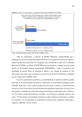 102
Figura 12 – Recursos orçamentários e compensatório destinados à RESEX e ao PARNA
Fonte – Elaboração própria, Fontes: SIC (2018) e ICMBio (2019).
Além da estruturação, o gestores da RESEX Maracanã, compreendendo que a
publicação do AG seria indispensável para fazer frente ao descrédito local, buscaram superar o
impasse gerado pela proposição do Caranguejo-Uçá, mobilizando o apoio da Coordenação
Regional do ICMBio em Belém (CR4/ICMBio), que encaminhou a situação para apreciação
jurídica da Procuradoria Federal Especializada (PFE/ICMBio), a qual se manifestou pela
ilegalidade da mesma frente ao infralegal e sugeriu a sua retirada da proposta de AG,
observando, entre outros, que a normativa se tratava de um ato de dois Ministros, respaldado
por um corpo técnico (ICMBio, 2014).
Com este apontamento, percebemos a possibilidade de os históricos conflitos gerados
pela falta da devida percepção das práticas tradicionais nos instrumentos infralegais serem
superados desde que o alto escalão do poder executivo passe a orientar a construção destes
normativos, com a observância das peculiaridades das populações tradicionais, tal como já vem
ocorrendo na construção dos instrumentos legais pelo Congresso Nacional, como evidencia o
Art. 38 do Novo Código Florestal que, ao proibir o uso do fogo na vegetação, previu o que
segue: “§ 2º Excetuam-se da proibição constante no caput as práticas de prevenção e combate
aos incêndios e as de agricultura de subsistência exercidas pelas populações tradicionais e
indígenas” (BRASIL, 2012a, on-line).
R$ 897 milhões
R$ 233 milhões
R$ 22 milhões
R$ 27 milhões
Saldo Compensação
Ambiental (2018)
Orçamento
Disponibilizado
(2014-2018)
RECURSO ORÇAMENTÁRIO DO ICMBIO DISPONIBILIZADO
DIRETAMENTE PARA O MODELO (2014-2018) E SALDO DA
COMPENSAÇÃO AMBIENTAL POR MODELO (2018)
RESEX (Total de 69 UCs, 12 milhões de Ha)
PARNA (Total de 75 UCs, 26 milhões de Ha)
 