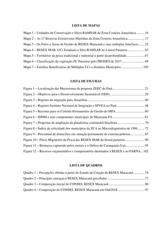 LISTA DE MAPAS
Mapa 1 – Unidades de Conservação e Sítios RAMSAR da Zona Costeira Amazônica ..........16
Mapa 2 – As 17 Reservas Extrativistas Marinhas da Zona Costeira Amazônica.....................17
Mapa 3 – Os Polos e Áreas de Gestão da RESEX Maracanã e suas múltiplas Interfaces .......25
Mapa 4 – RESEX MAR, UCs Estaduais e Sítio RAMSAR no Litoral Paraense ....................63
Mapa 5 – Territórios da pesca tradicional e industrial a partir da profundidade......................67
Mapa 6 – Classificação da vegetação ZC Paraense pelo PRODES de 2017............................69
Mapa 7 – Famílias Beneficiárias de Múltiplas UCs e distintos Municípios ..........................105
LISTA DE FIGURAS
Figura 1 – Localização das Macrozonas da proposta ZEEC do Pará.......................................21
Figura 2 – Objetivos para o Desenvolvimento Sustentável (ODS)..........................................29
Figura 3 – Registro da migração para Amazônia .....................................................................46
Figura 4 – Registro Instituto Nacional de Imigração e SPVEA no Pará..................................48
Figura 5 – Recortes para os Comitês Permanentes de Gestão do MPA...................................60
Figura 6 – IDHM e seus componentes municipais de Maracanã-PA.......................................61
Figura 7 – Propostas de ampliação da plataforma continental brasileira .................................70
Figura 8 – Índice de criticidade dos municípios da ZCA no Macrodiagnóstico de 1996 ........72
Figura 9 – Percentual de domicílios em situação permanente de extrema pobreza .................87
Figura 10 – Fluxo Migratório da Pesca das RESEX MAR do litoral paraense........................90
Figura 11 – Biomassa capturado pelos currais e o Defeso do Caranguejo-Uçá.......................95
Figura 12 – Recursos orçamentários e compensatório destinados à RESEX e ao PARNA...102
LISTA DE QUADROS
Quadro 1 – Percepções obtidas a partir do Estudo de Criação da RESEX Maracanã..............74
Quadro 2 – Principais ameaças à RESEX Maracanã percebidas .............................................77
Quadro 3 – Composição inicial do CONDEL RESEX Maracanã ...........................................80
Quadro 4 – Composição do CONDEL RESEX Maracanã em Out/2018 ................................97
 