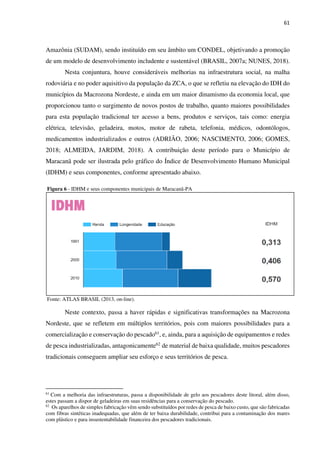 61
Amazônia (SUDAM), sendo instituído em seu âmbito um CONDEL, objetivando a promoção
de um modelo de desenvolvimento includente e sustentável (BRASIL, 2007a; NUNES, 2018).
Nesta conjuntura, houve consideráveis melhorias na infraestrutura social, na malha
rodoviária e no poder aquisitivo da população da ZCA, o que se refletiu na elevação do IDH do
municípios da Macrozona Nordeste, e ainda em um maior dinamismo da economia local, que
proporcionou tanto o surgimento de novos postos de trabalho, quanto maiores possibilidades
para esta população tradicional ter acesso a bens, produtos e serviços, tais como: energia
elétrica, televisão, geladeira, motos, motor de rabeta, telefonia, médicos, odontólogos,
medicamentos industrializados e outros (ADRIÃO, 2006; NASCIMENTO, 2006; GOMES,
2018; ALMEIDA, JARDIM, 2018). A contribuição deste período para o Município de
Maracanã pode ser ilustrada pelo gráfico do Índice de Desenvolvimento Humano Municipal
(IDHM) e seus componentes, conforme apresentado abaixo.
Figura 6 - IDHM e seus componentes municipais de Maracanã-PA
Fonte: ATLAS BRASIL (2013, on-line).
Neste contexto, passa a haver rápidas e significativas transformações na Macrozona
Nordeste, que se refletem em múltiplos territórios, pois com maiores possibilidades para a
comercialização e conservação do pescado61, e, ainda, para a aquisição de equipamentos e redes
de pesca industrializadas, antagonicamente62 de material de baixa qualidade, muitos pescadores
tradicionais conseguem ampliar seu esforço e seus territórios de pesca.
61
Com a melhoria das infraestruturas, passa a disponibilidade de gelo aos pescadores deste litoral, além disso,
estes passam a dispor de geladeiras em suas residências para a conservação do pescado.
62
Os aparelhos de simples fabricação vêm sendo substituídos por redes de pesca de baixo custo, que são fabricadas
com fibras sintéticas inadequadas, que além de ter baixa durabilidade, contribui para a contaminação dos mares
com plástico e para insustentabilidade financeira dos pescadores tradicionais.
 