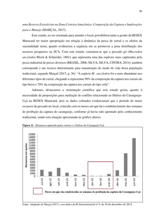 95
uma Reserva Extrativista na Zona Costeira Amazônica: Composição da Captura e Implicações
para o Manejo (MARÇAL, 2017).
Este estudo, ao ser orientado para atender o local, possibilitou tanto a gestão da RESEX
Maracanã ter maior apropriação em relação à dinâmica da pesca de curral e os efeitos da
sazonalidade nesta, quanto evidenciou a urgência em se promover a justa distribuição dos
recursos pesqueiros na ZCA. Com este estudo, constatou-se que a pescado gó (Macrodon
ancylodon Bloch & Schneider, 1801), que representa uma das espécies mais capturadas pela
pesca industrial de peixes diversos (BRASIL, 2006; SILVA, SILVA, CINTRA, 2014), também
corresponde a um recurso determinante para manutenção do modo de vida desta população
tradicional, segundo Marçal (2017, p. 36): “A espécie M. ancylodon foi a mais abundante nos
diferentes tipos de curral, chegando a representar 90% da composição da captura nos currais do
tipo beira e 70% da composição da captura nos currais do tipo crôa”.
Ademais, destacamos a sustentação científica que este estudo gerou, quanto à
necessidade de proposições para mediação do conflito relacionado ao Defeso do Caranguejo-
Uçá na RESEX Maracanã, pois os dados coletados evidenciaram que o período de maior
escassez de pescado no local, coincide com os meses em que há o estabelecimento das semanas
de proibição da captura do caranguejo, conforme já havia sido apontado pelo conhecimento
tradicional, sendo esta situação apresentada no gráfico abaixo.
Figura 11 - Biomassa capturado pelos currais e o Defeso do Caranguejo-Uçá
Fonte: Adaptado de Marçal (2017), com dados da IN Interministerial nº 9, de 30 de dezembro de 2014.
 