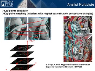 Analisi Multiviste
Key points extraction
Key point matching (invariant with respect scale rotation perspective changes)




                      log2 σ




                               y
                                      L. Sorgi, A. Neri. Keypoints Selection in the Gauss
                                      Laguerre Transformed Domain - BMVC06
   x
 