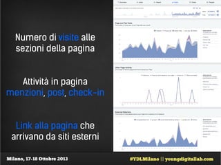 Numero di visite alle
sezioni della pagina

Attività in pagina
menzioni, post, check-in

Link alla pagina che
arrivano da siti esterni

 