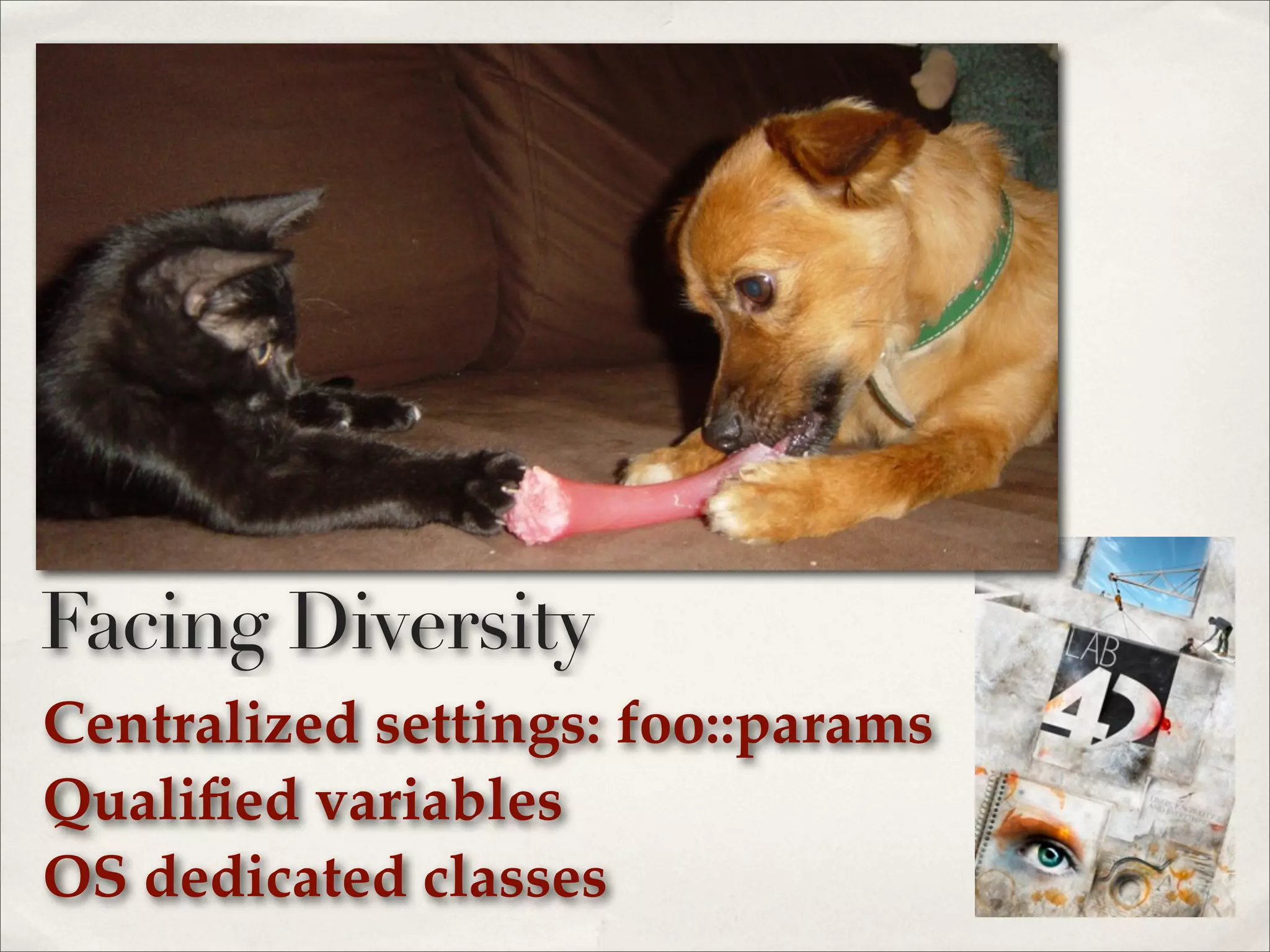 Centralized settings: foo::params
Qualiﬁed variables
OS dedicated classes
Facing Diversity
 
