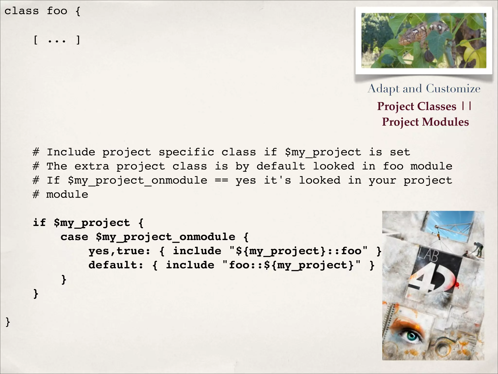 Project Classes ||
Project Modules
class foo {
[ ... ]
# Include project specific class if $my_project is set
# The extra project class is by default looked in foo module
# If $my_project_onmodule == yes it's looked in your project
# module
if $my_project {
case $my_project_onmodule {
yes,true: { include "${my_project}::foo" }
default: { include "foo::${my_project}" }
}
}
}
Adapt and Customize
 