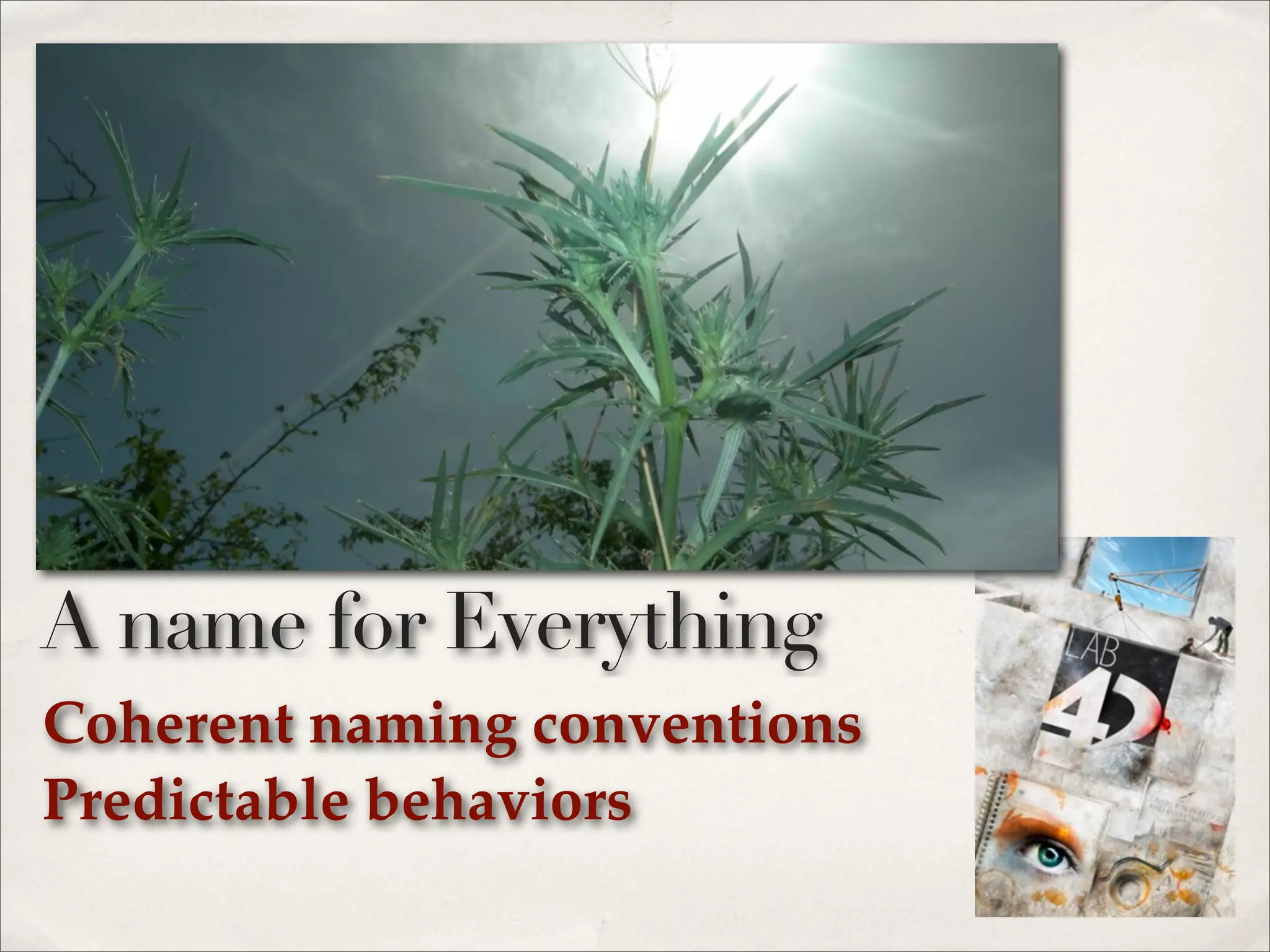 Coherent naming conventions
Predictable behaviors
A name for Everything
 