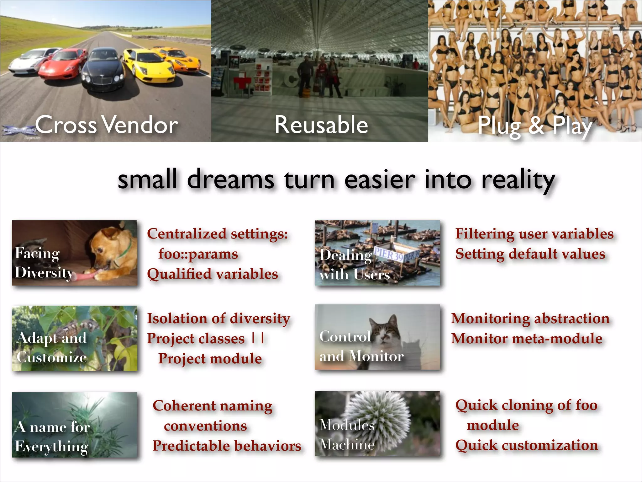 Centralized settings:
foo::params
Qualiﬁed variables
Isolation of diversity
Project classes ||
Project module
Monitoring abstraction
Monitor meta-module
Filtering user variables
Setting default values
Coherent naming
conventions
Predictable behaviors
Quick cloning of foo
module
Quick customization
CrossVendor Reusable Plug & Play
Modules
Machine
A name for
Everything
Dealing
with Users
Control
and Monitor
Adapt and
Customize
Facing
Diversity
small dreams turn easier into reality
 