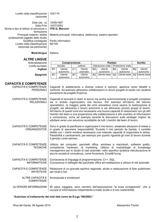   	
  
                                                                                                                                               	
  
	
  
                Livello nella classificazione    102/110
                                   nazionale

                                Date (da - a)    10/09/1997
                                     Data Fine   10/07/2002
       Nome e tipo di istituto di istruzione o   ITIS G. Marconi
                                   formazione
                 Principali materie / abilità    Materie principali: informatica, elettronica, sistemi operativi
         professionali oggetto dello studio
                       Qualifica conseguita      Perito informatico
               Livello nella classificazione     80/100
                 nazionale (se pertinente)

                               Madrelingua       Italiano

                        ALTRE LINGUE
                            Autovalutazione                 Comprensione                              Parlato                   Scritto
                             Livello europeo          Ascolto            Lettura        Interazione orale Produzione orale
                                     Inglese       B1   Utente        C1   Utente       B2      Utente    B2     Utente    B2  Utente
                                                       autonomo           avanzato            autonomo         autonomo       autonomo
                                  Spagnolo         B1   Utente        B1   Utente       A2 Utente base A2 Utente base A2 Utente base
                                                       autonomo           autonomo

       CAPACITÀ E COMPETENZE
              CAPACITÀ E COMPETENZE              Capacità di adattamento a diverse culture e opinioni, apertura verso dibattiti e
                           PERSONALI             confronti. Ad esempio attraverso collaborazioni in alcuni progetti di studio con studenti
                                                 provenienti da progetti Erasmus.

              CAPACITÀ E COMPETENZE              Capacità di lavorare in team di lavoro ma anche autonomamente a progetti complessi
                          RELAZIONALI            sia in ambito organizzativo che tecnico. Per esempio all’interno del biennio
                                                 specialistico, la maggior parte dei corsi prevedeva come esame la realizzazione di
                                                 progetti, sia attraverso il lavoro autonomo e sia attraverso piccolo gruppi di lavoro.
                                                 All’interno di questi corsi era necessaria una buona capacità di relazionarsi con gli altri
                                                 membri del team e una propensione alla collaborazione e allo scambio di informazioni
                                                 e conoscenza, come ad esempio durante le discussioni sulle strategie migliori da
                                                 adottare verso una soluzione accettabile da tutti i membri del team di lavoro.

              CAPACITÀ E COMPETENZE              Sono in grado di pianificare e organizzare il mio lavoro, sostenere situazioni di stress e
                      ORGANIZZATIVE              in grado di assumere responsabilità. Durante il mio periodo da barista, il contatto
                                                 diretto con i clienti rendeva necessaria una notevole capacità di sopportare lo stress.
                                                 Flessibilità a cambiamenti, per esempio per quanto riguarda gli orari di lavoro durante
                                                 il periodo come barman.

              CAPACITÀ E COMPETENZE              Utilizzo del computer, pacchetti office, windows e macintosh, software grafici,
                           TECNICHE              competenze hardware, di marketing. Utilizzo di metodologie di knowledge
                                                 management per lo studio di casi aziendali: nello specifico ipotetica ristrutturazione di
                                                 alcune società di consulenza, come Accenture, Ernst&Young.

              CAPACITA E COMPETENZE              Conoscenza di linguaggi di programmazione: C++, SQL.
                       INFORMATICHE              Conoscenza in dettaglio del pacchetto office ed installazione e utilizzo di reti aziendali

              CAPACITÀ E COMPETENZE              Redazione di un giornale sportivo regionale, studio e realizzazione di flyer pubblicitari
                          ARTISTICHE             per locali e bar.

                       ALTRE CAPACITÀ E          Arrampicata e snowboard
                           COMPETENZE

              ULTERIORI INFORMAZIONI             Mi piace viaggiare, sono membro dell’associazione “la busa consapevole”, che si
                                                 occupa di informazione indipendente a livello locale e di eco sostenibilità.
	
  
              “Autorizzo al trattamento dei miei dati come da D.Lgs 196/2003.“


              Riva del Garda, 28 Agosto 2010                                                                    Alessandro Trentin

	
  
                                                                         2	
  
 