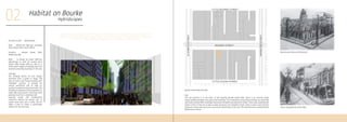 3rd year studio:	
Type: Architectural Masterplan, Mixed use
zones, making good to unused urban/
industrial spaces.
Location: Thevolumeofsilosandadjoining
space under the bridge located at the
Punt Road and Yarra River intersection,
Cremorne, Melbourne.
Concept
Above and Below is the concept for this
design, to maintain the use of the current
function of the site by simply adding
architecture without subtracting area.
This idea led to the design of a ‘floating’
building as well as ‘submersed’ building
along with the redesign of the silos into
multi-residential towers.
My intention for this project was to create
a sustainable design to reduce waste and
recycle as well as renew and regenerate
the existing site.
Redevelopment
The underground café, designed to be
made with rammed earth, makes use
of the natural conditions of the earths
consistent temperature.
It allows the users to feel immersed in
the environment with a large panoramic
window facing the river. The area above
has been designed into a public garden,
allowing it to rejuvenate with native flora
and fauna while creating a connection
between the existing park to the north
and the river trail to the south of the
bridge.
The ‘floating’ business start-up office’s
building has been designed to suspend
off the existing structure of the bridge
above, this allows the space to beneath it
to continue to be used by locals.
The silos have been designed to use
only what was existing, and simply alter
the heights of the silos to enhance the
building’s aesthetics and further provide
natural light, ventilation, as well as green
roof areas for the occupants
Above and Below - Terrain Vague
 