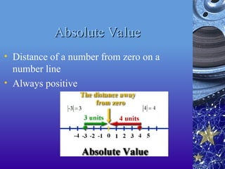 Absolute Value
Absolute Value
• Distance of a number from zero on a
number line
• Always positive
 