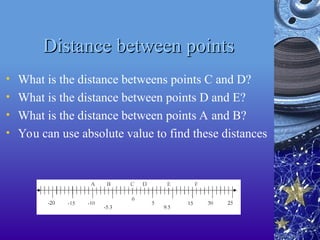 Distance between points
Distance between points
• What is the distance betweens points C and D?
• What is the distance between points D and E?
• What is the distance between points A and B?
• You can use absolute value to find these distances
 