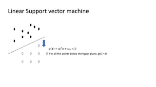 Linear Support vector machine
𝑔 𝒙 = 𝝎𝑇
𝒙 + 𝜔0 < 0
For all the points below the hyper plane, g(x) < 0
 