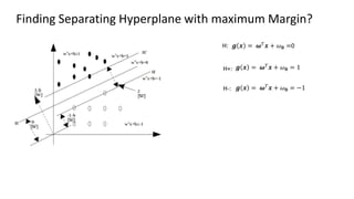Finding Separating Hyperplane with maximum Margin?
𝒈 𝒙 = 𝝎𝑇𝒙 + 𝜔𝟎 = 1
𝒈 𝒙 = 𝝎𝑇
𝒙 + 𝜔𝟎 = −1
𝒈 𝒙 = 𝝎𝑇𝒙 + 𝜔𝟎 =0
H+:
H-:
H:
 