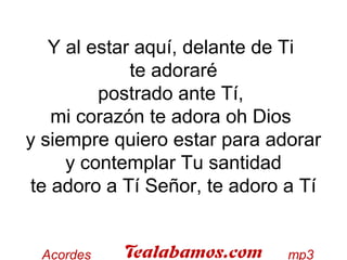 Y al estar aquí, delante de Ti
te adoraré
postrado ante Tí,
mi corazón te adora oh Dios
y siempre quiero estar para adorar
y contemplar Tu santidad
te adoro a Tí Señor, te adoro a Tí