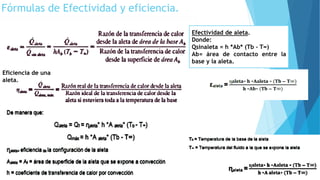 Fórmulas de Efectividad y eficiencia.
Efectividad de aleta.
Donde:
Qsinaleta = h *Ab* (Tb - T∞)
Ab= área de contacto entre la
base y la aleta.
Eficiencia de una
aleta.
 