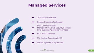 15
Managed Services
+ 24*7 Support Services
+ People, Process & Technology
+
Data Centre Services
Managed Network & Security Services
Infra Business Application Services
+ NOC & SOC Services
+ Monitoring, Reporting & MIS
+ Onsite, Hybrid & Fully remote
 