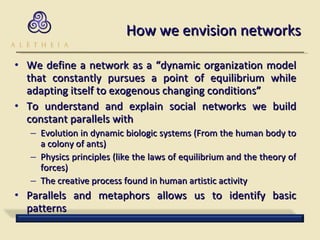 How we envision networks We define a network as a “dynamic organization model that constantly pursues a point of equilibrium while adapting itself to exogenous changing conditions” To understand and explain social networks we build constant parallels with  Evolution in dynamic biologic systems (From the human body to a colony of ants) Physics principles (like the laws of equilibrium and the theory of forces) The creative process found in human artistic activity Parallels and metaphors allows us to identify basic patterns 