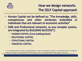 How we design networks  The SELF Capital approach Human Capital can be defined as: “The knowledge, skills, competences and other attributes embodied in individuals that are relevant to economic activities” SME and Professional networks, as any complex system, are integrated by BUILDING BLOCKS(*): HUMAN CAPITAL (Core building block) RELATIONAL CAPITAL STRUCTURAL CAPITAL FINANCIAL CAPITAL * = In complex system’s theory a bulding block is a part that, linked to others in a coherent manner, integrates a whole. An organ is a building block of the body, a cell is a building block of the organ, and so on.  