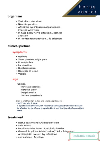 organism
h e r p s
z o s t e r
clinical picture
treatment
Varicella-zoster virus:
Neurotropic virus
Affect the eye if trigeminal ganglion is
infected with virus:
In naso ciliary nerve affection ... corneal
affection
In frontal nerve affection ... lid affection
sign
symptoms
Red eye
Sever pain (neuralgic pain
Photophobia
Lacrimation
Blepharospasm
Decrease of vision
Vesicle
Cornea:
Punctate keratitis
Herpetic ulcer
Deep keratitis
Corneal anasthesia
their is another sign in lids and sclera a optic nerve :
- HUTCHINSON’S SIGN:
if tip of nose is affected with vesicle we can expect that ehe cornea will
be affected (as tip of nose is supplied by a terminal branch of naso-ciliary
nerve
Rest, Sedative and Analgesic for Pain
Skin lesion:
Local: calamine lotion . Antibiotic Powder
General: Acyclovar tablet(zovirax) 1*4 for 7 days and
Antibiotic(to prevent 2ry infection)
corneal ulcer: Acyclovar mohamedmostafa
 