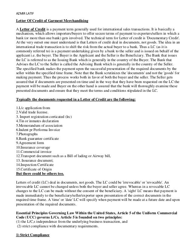 payment credit letter for of for industry garments Letter credit of payment credit letter for of for industry garments Letter credit of