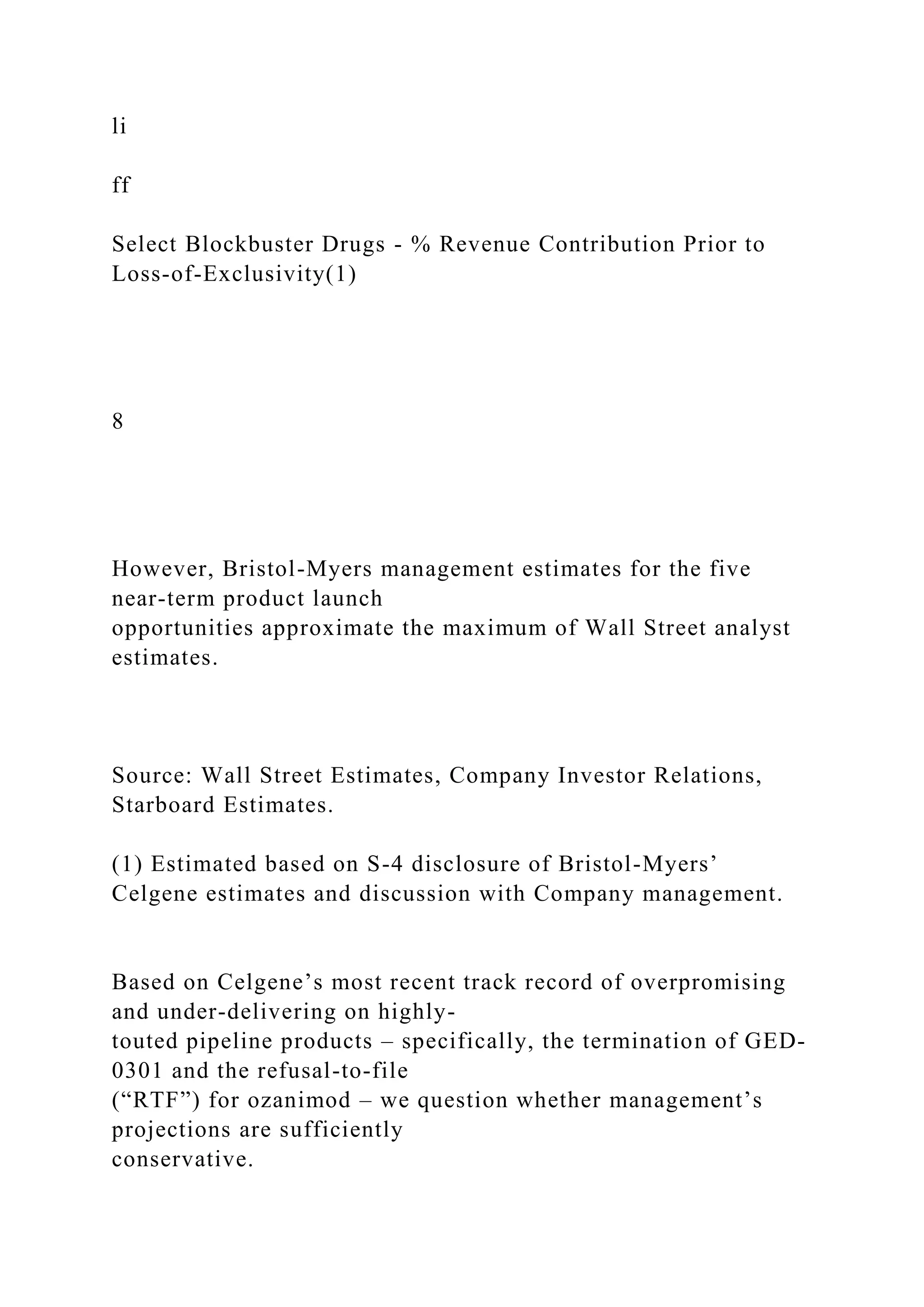 li
ff
Select Blockbuster Drugs - % Revenue Contribution Prior to
Loss-of-Exclusivity(1)
8
However, Bristol-Myers management estimates for the five
near-term product launch
opportunities approximate the maximum of Wall Street analyst
estimates.
Source: Wall Street Estimates, Company Investor Relations,
Starboard Estimates.
(1) Estimated based on S-4 disclosure of Bristol-Myers’
Celgene estimates and discussion with Company management.
Based on Celgene’s most recent track record of overpromising
and under-delivering on highly-
touted pipeline products – specifically, the termination of GED-
0301 and the refusal-to-file
(“RTF”) for ozanimod – we question whether management’s
projections are sufficiently
conservative.
 