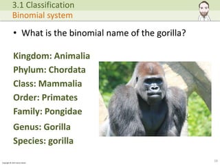 Copyright © 2015 Henry Exham
• What is the binomial name of the gorilla?
16
3.1 Classification
Binomial system
Kingdom: Animalia
Phylum: Chordata
Class: Mammalia
Order: Primates
Genus: Gorilla
Family: Pongidae
Species: gorilla
 