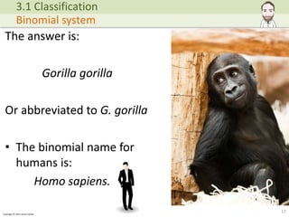 Copyright © 2015 Henry Exham
17
3.1 Classification
Binomial system
The answer is:
Gorilla gorilla
Or abbreviated to G. gorilla
• The binomial name for
humans is:
Homo sapiens.
 
