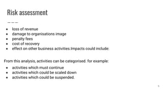 Risk assessment
● loss of revenue
● damage to organisations image
● penalty fees
● cost of recovery
● effect on other business activities.Impacts could include:
From this analysis, activities can be categorised. for example:
● activities which must continue
● activities which could be scaled down
● activities which could be suspended.
5
 